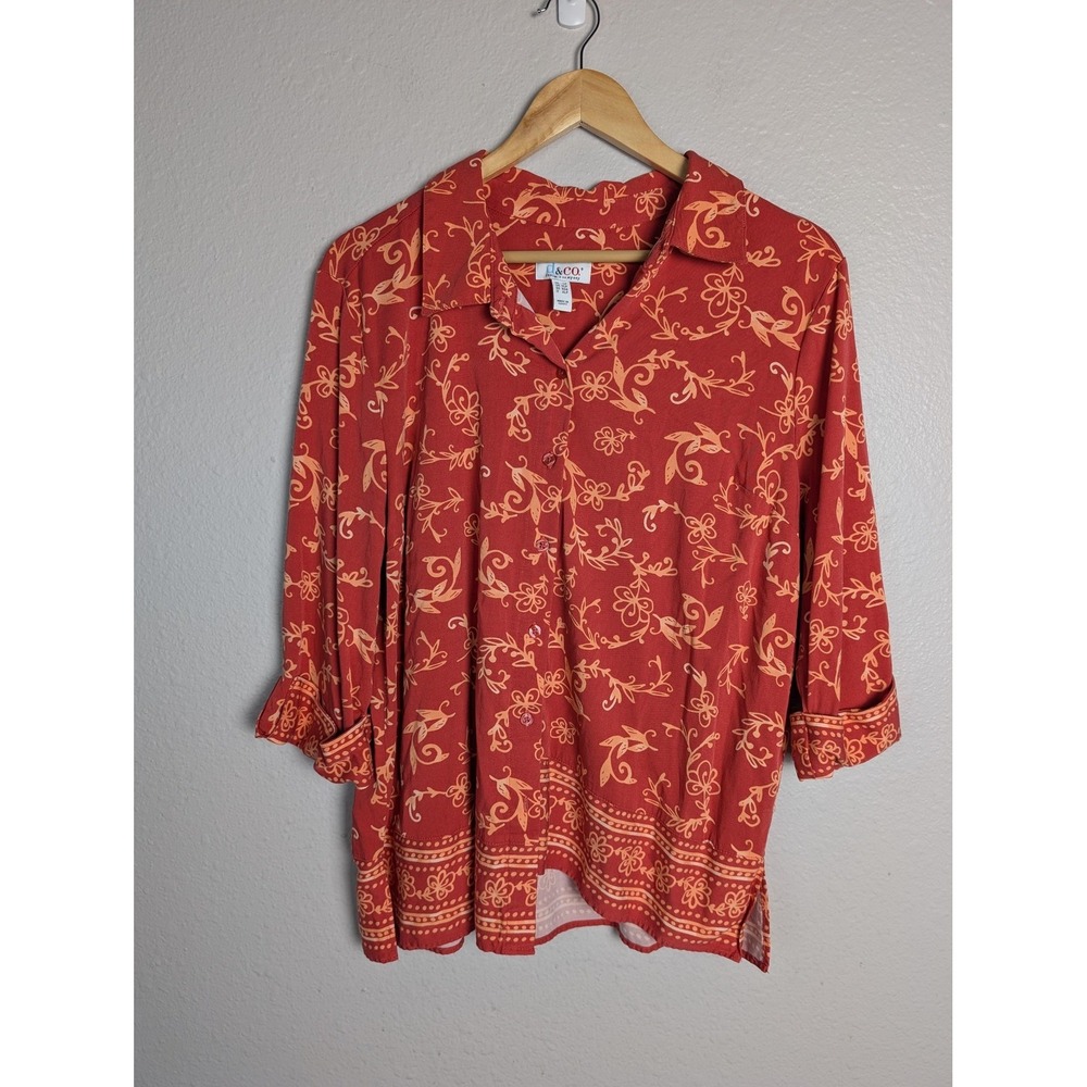 D&co Button-Up Womens Petites L Orange Floral Tunic‎ Collared Rayon Spandex